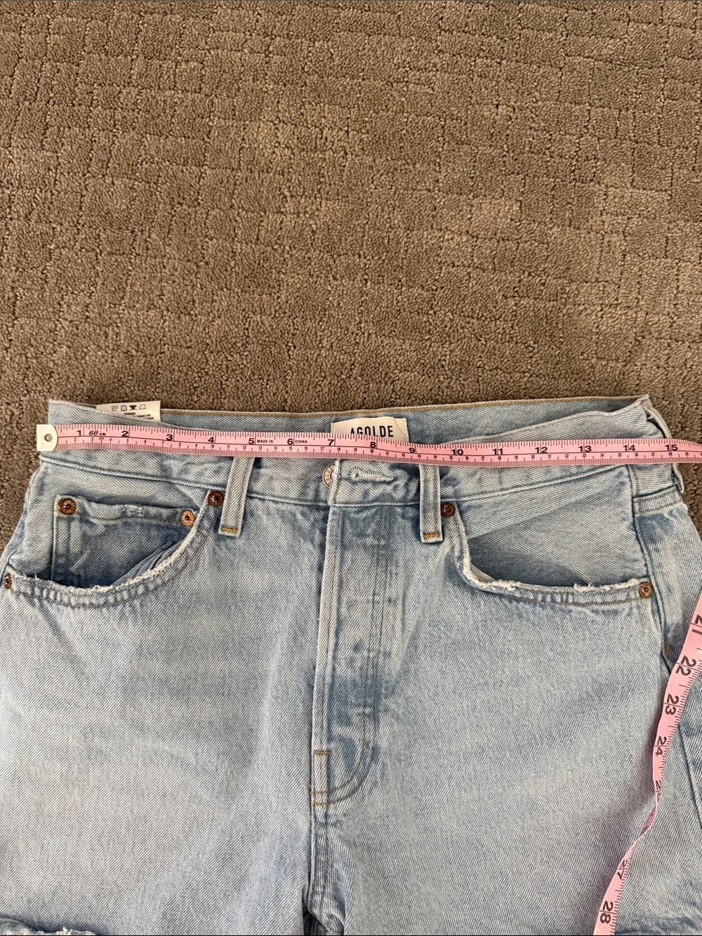 Agolde Light Wash Parker Long High-Rise Cutoff Denim Shorts